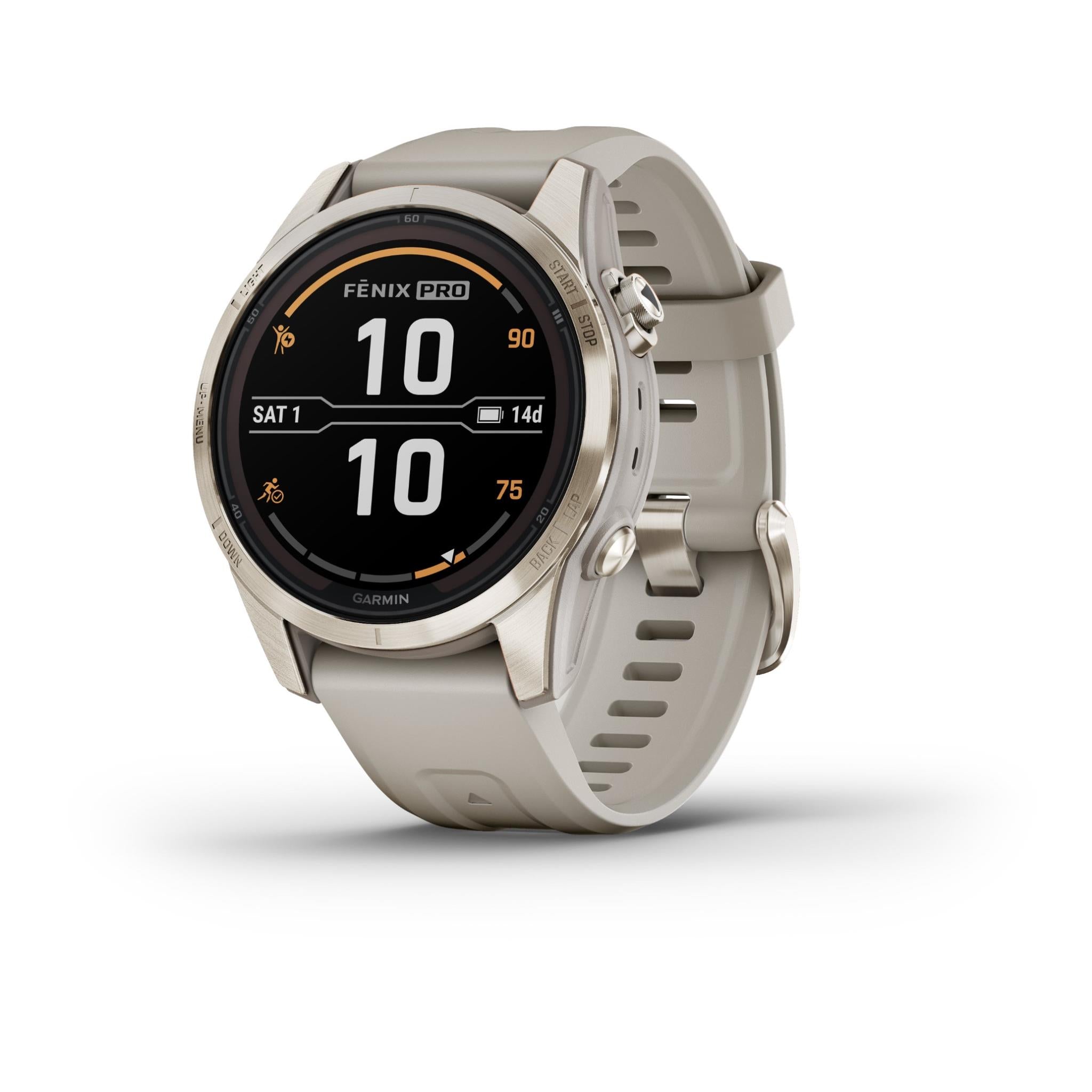 garmin fenix® 7s pro sapphire solar edition soft gold stainless steel with light sand band