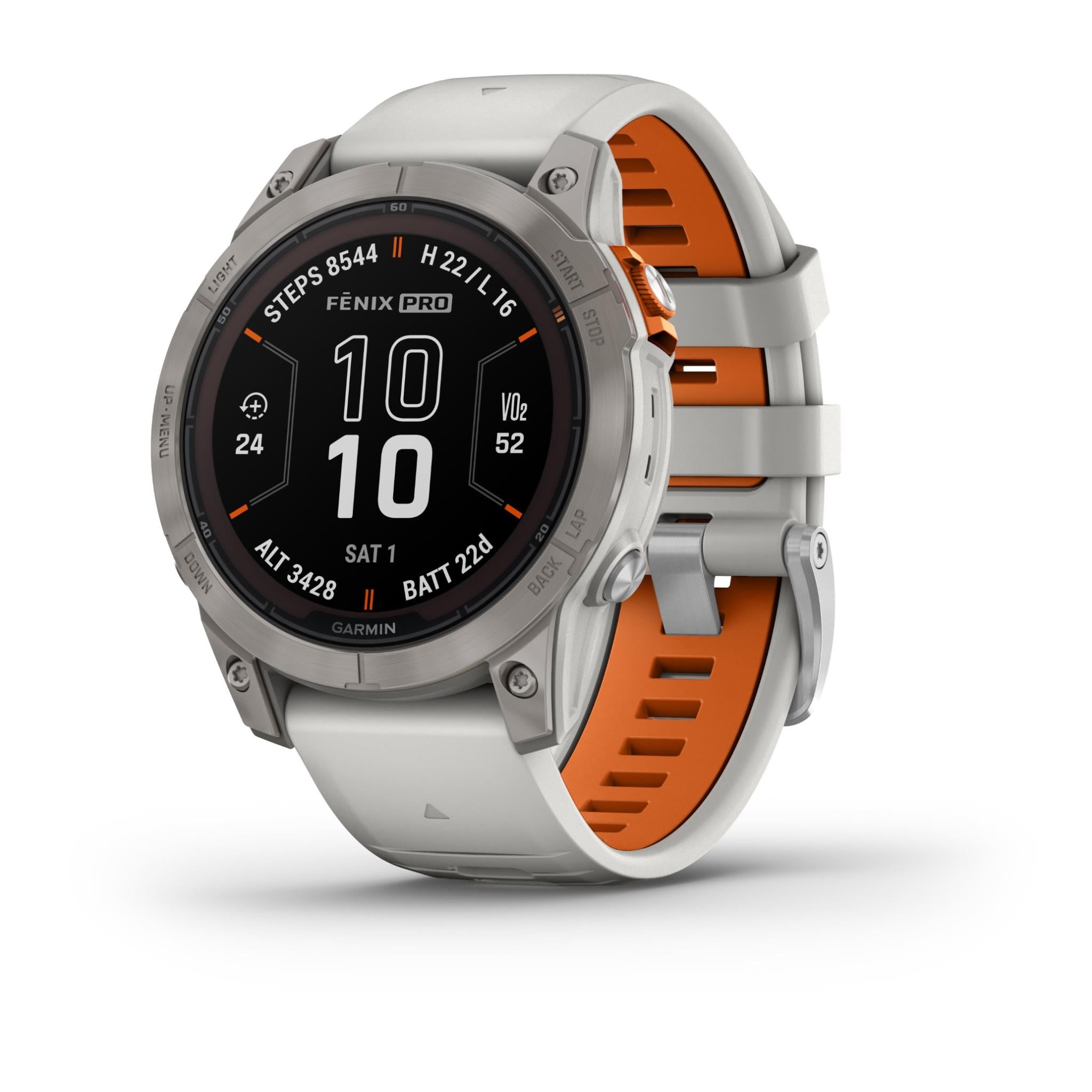 garmin fenix® 7 pro sapphire solar edition silver titanium with fog grey + ember orange band