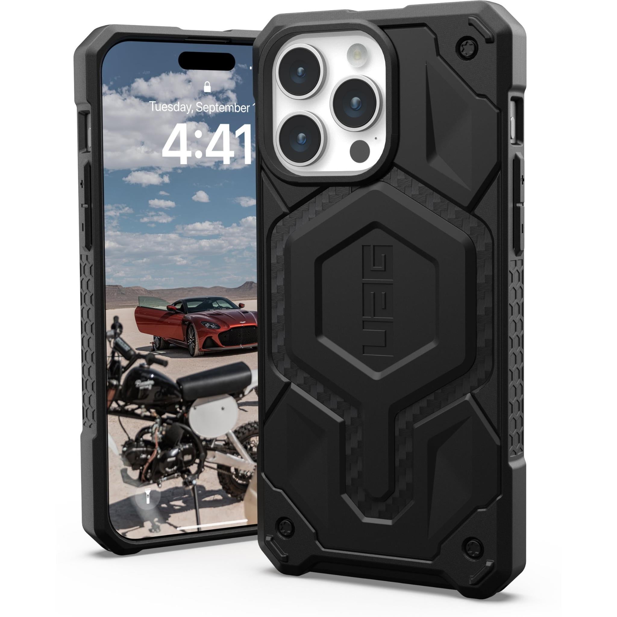 uag monarch pro case for iphone 15 pro max (carbon fibre)