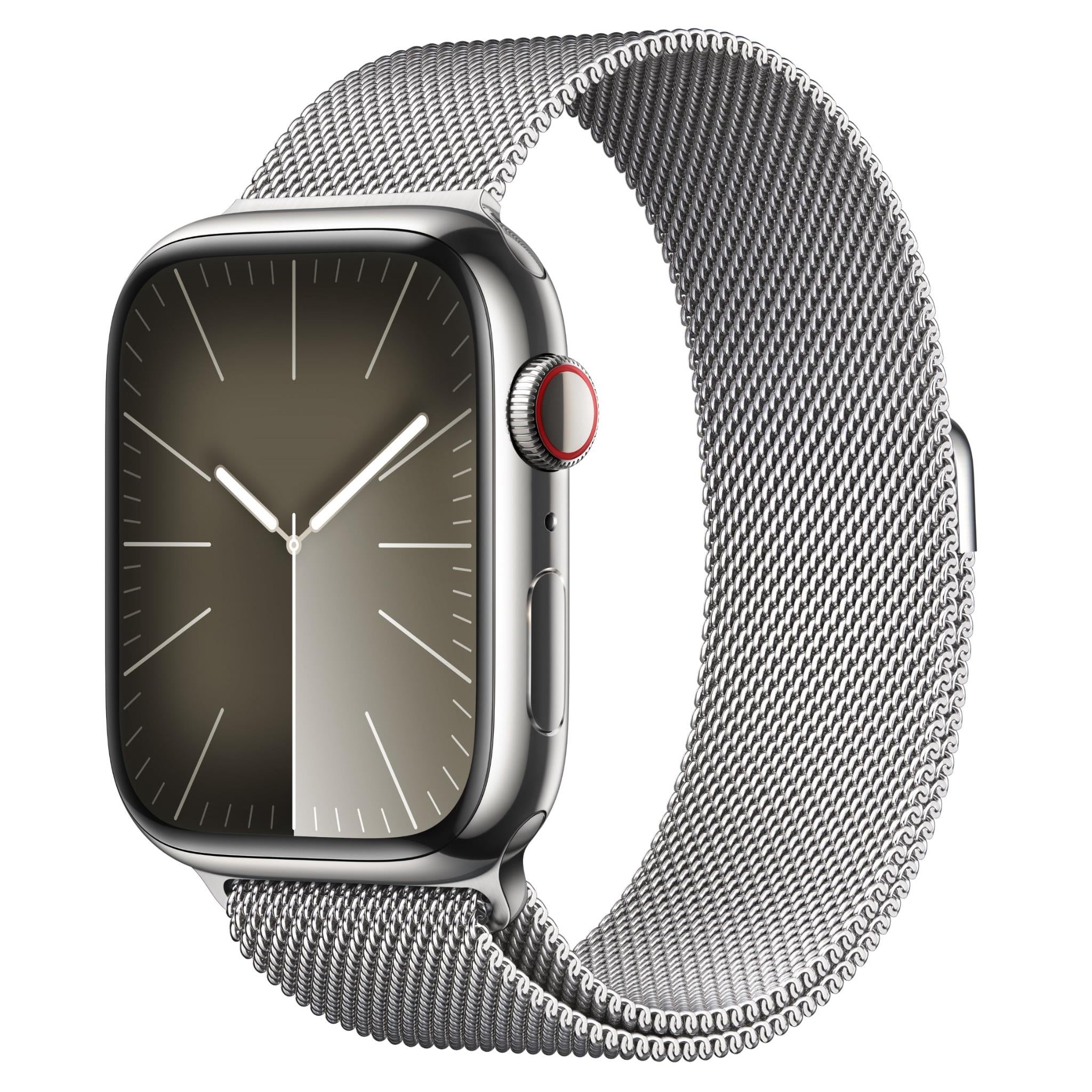 apple watch series 9 45mm silver stainless steel case gps + cellular milanese loop