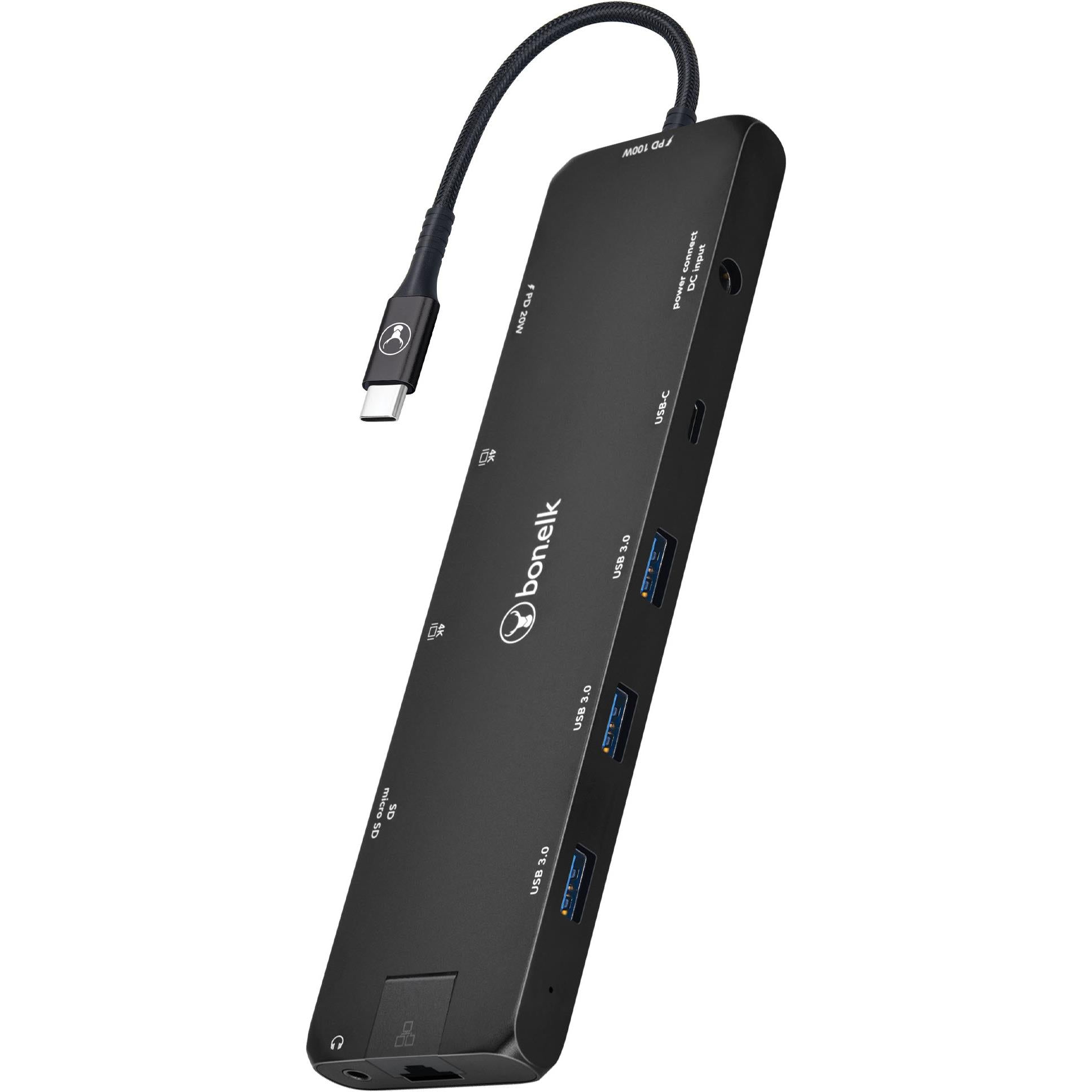 bonelk long-life 12-in-1 usb-c multiport slim powered hub (black)