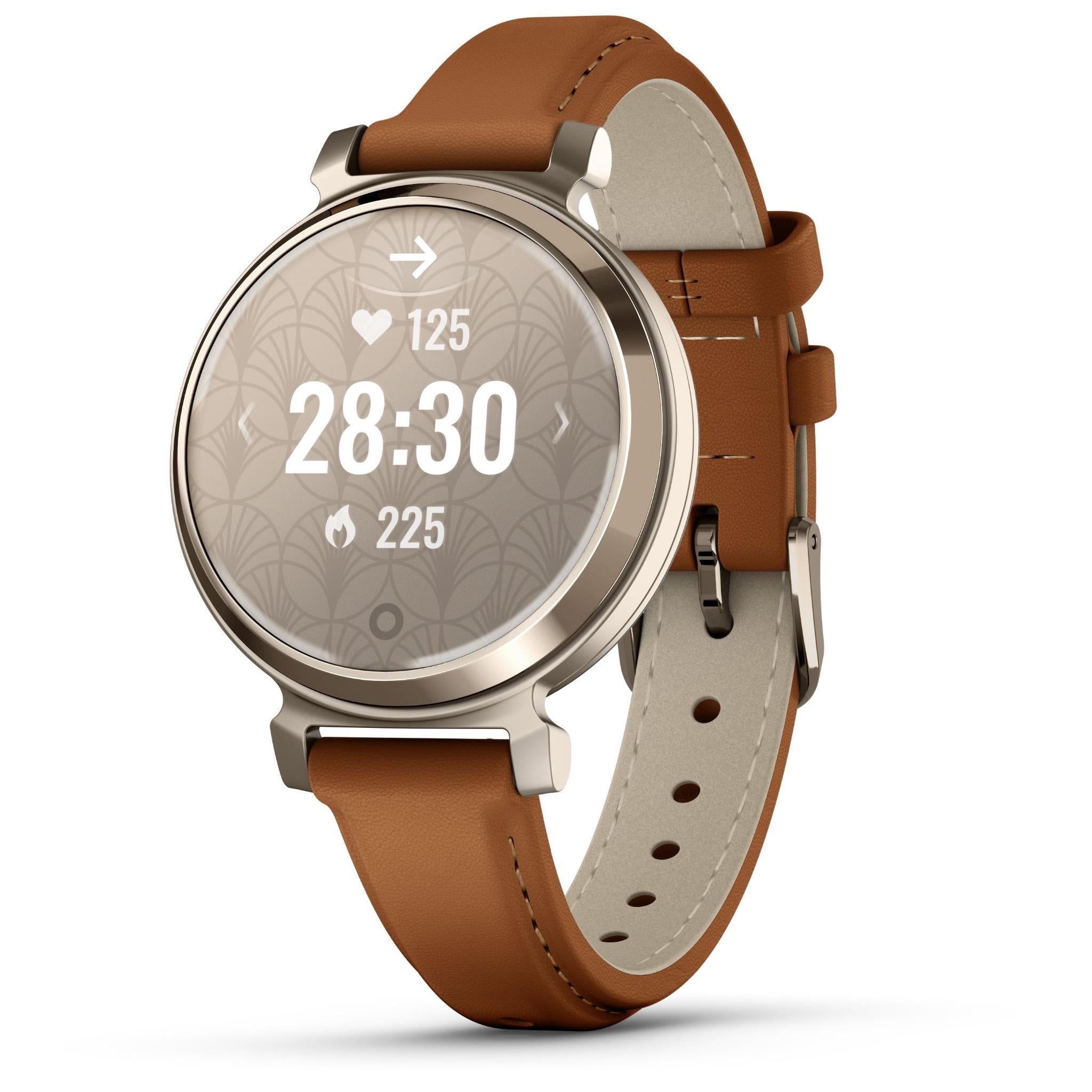 garmin lily® 2 classic, cream gold with tan leather band