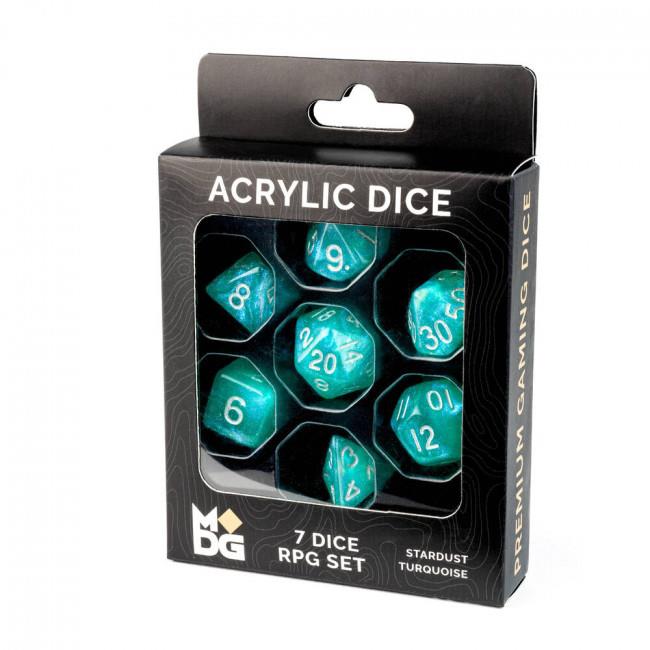 mdg 16mm acrylic polyhedral dice set: stardust turquoise (premium packaging)