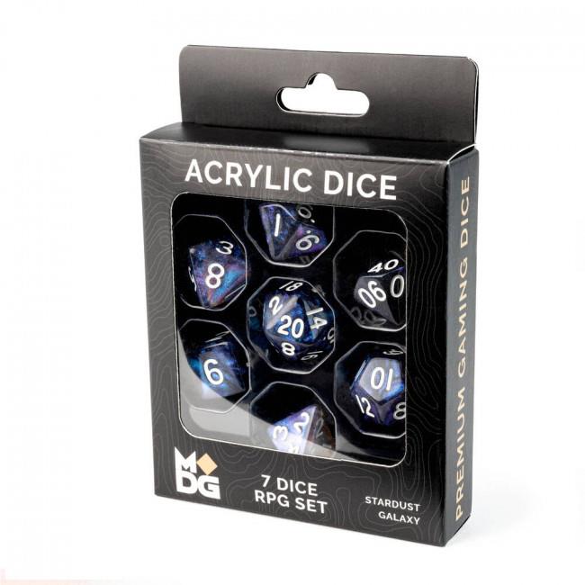 mdg 16mm acrylic polyhedral dice set: stardust galaxy (premium packaging)