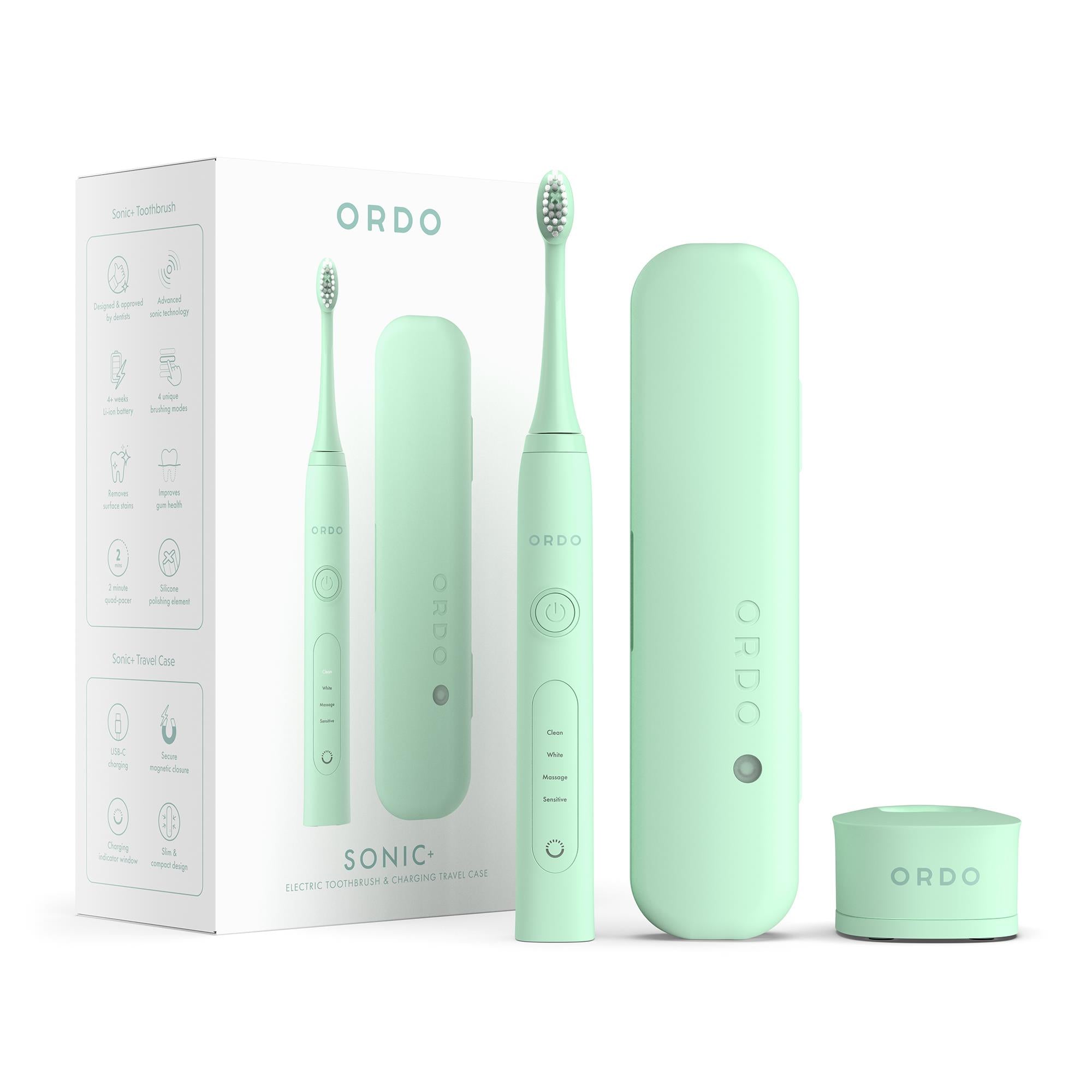 ordo sonic+ electric toothbrush & charging travel case bundle (mint green)