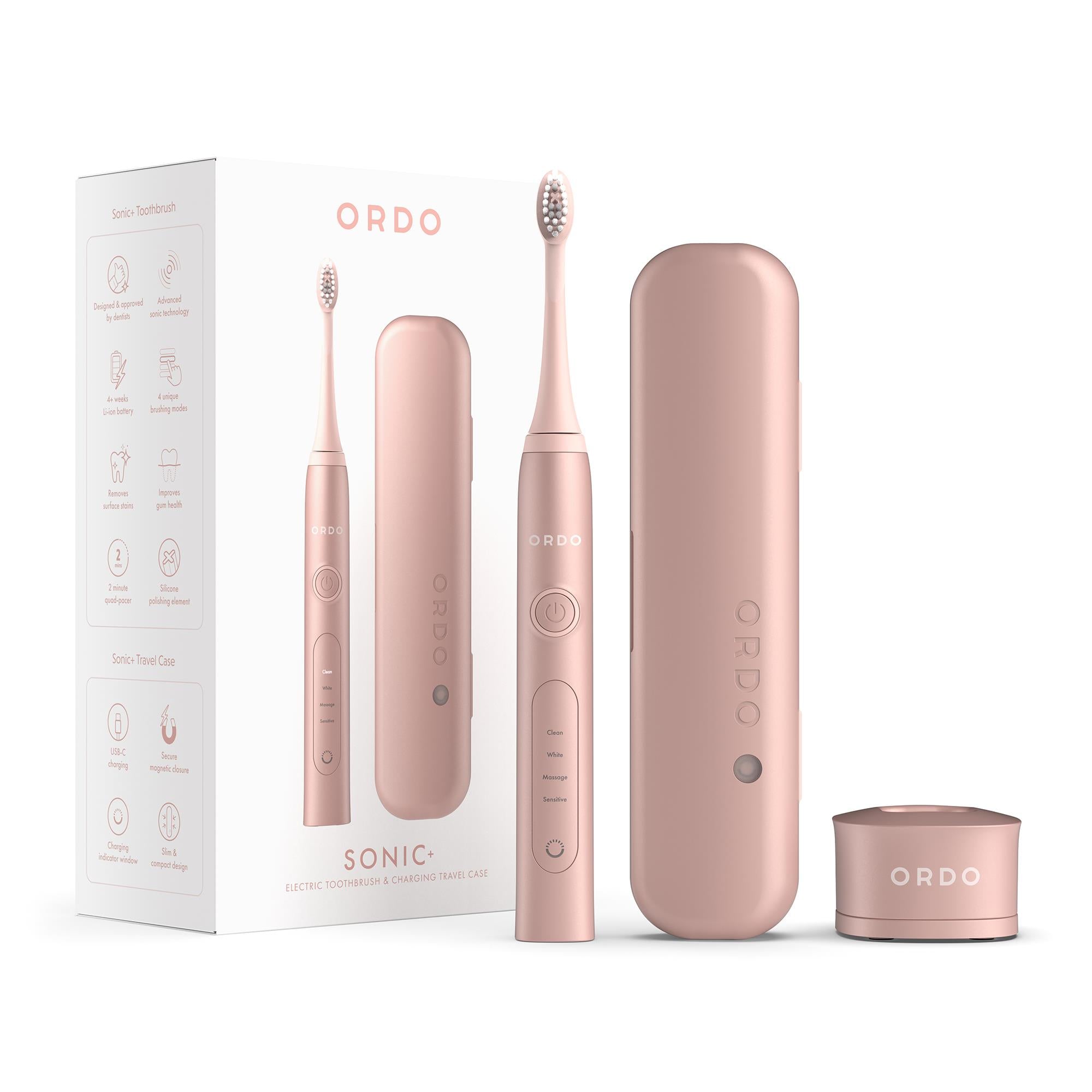 ordo sonic+ electric toothbrush & charging travel case bundle (rose gold)