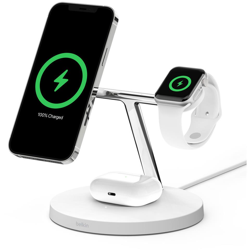 belkin boostup charge pro magsafe 3-in-1 wireless charger for apple (white)
