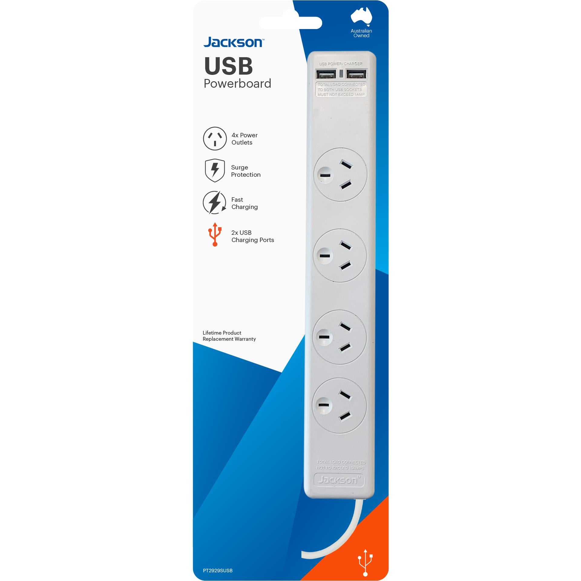 jackson surge protected board w/ 4 x power socket, 2 x usb-a outlets