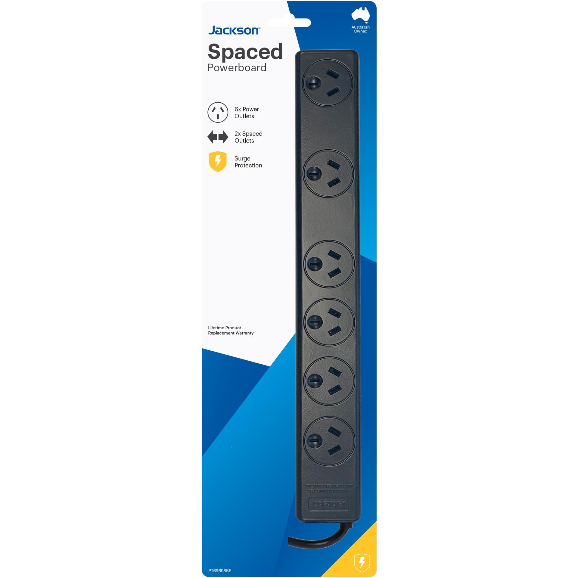 jackson surge protected board w/ 6 x power socket (2 x spaced) outlets