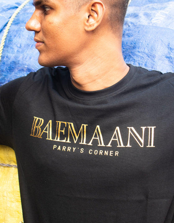 BAEMAANI PARRY'S CORNER | SPOOF OF BALMAIN | GOLD FOIL T-SHIRT Angi Clothing