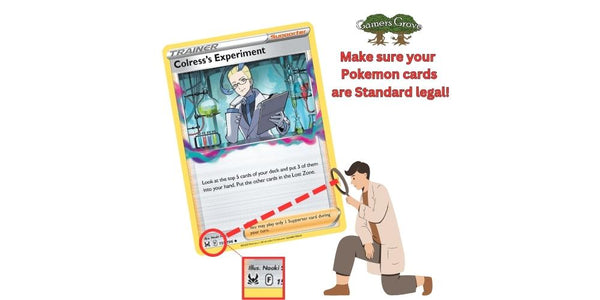 Make sure your Pokemon cards are standard legal. This image shows you where to find the set information on the Pokemon card.