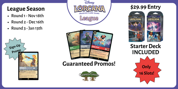 Lorcana League Infographic, showing league dates, promo cards, and starter decks.