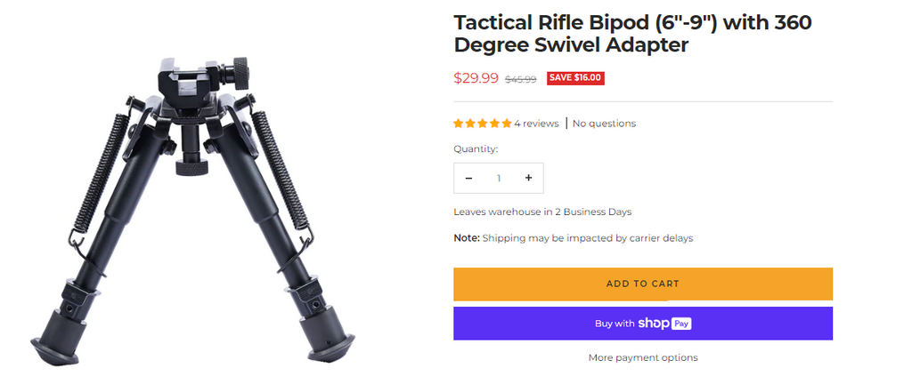 Pinty Scopes | Tactical Rifle Bipod (6"-9") with 360 Degree Swivel Adapter