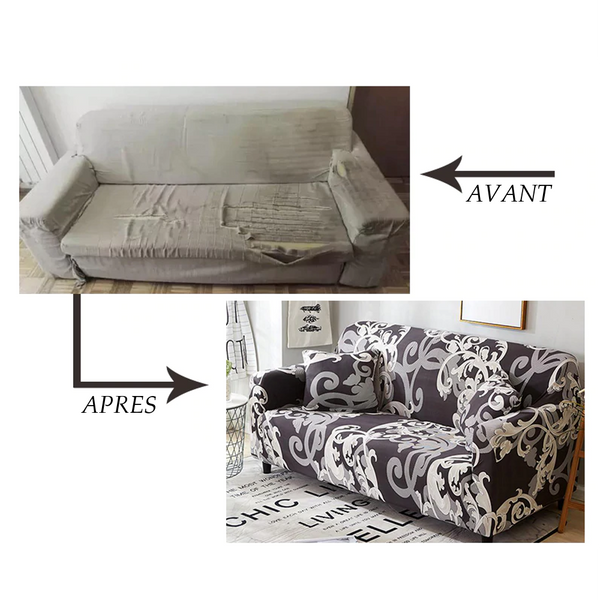 Avant et après installation de la housse de canapé-lit PRINTBED
