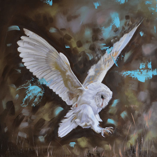 Oil painting of a barn owl in flight