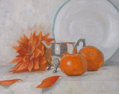 Oil painting of an orange dahlia, silver jug and clementine