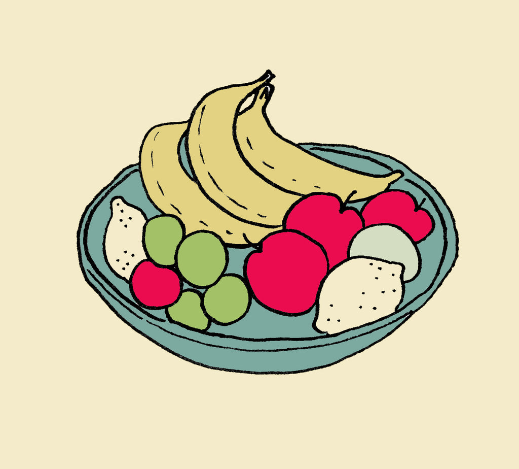 A drawing of bananas and other fruits in a bowl. 