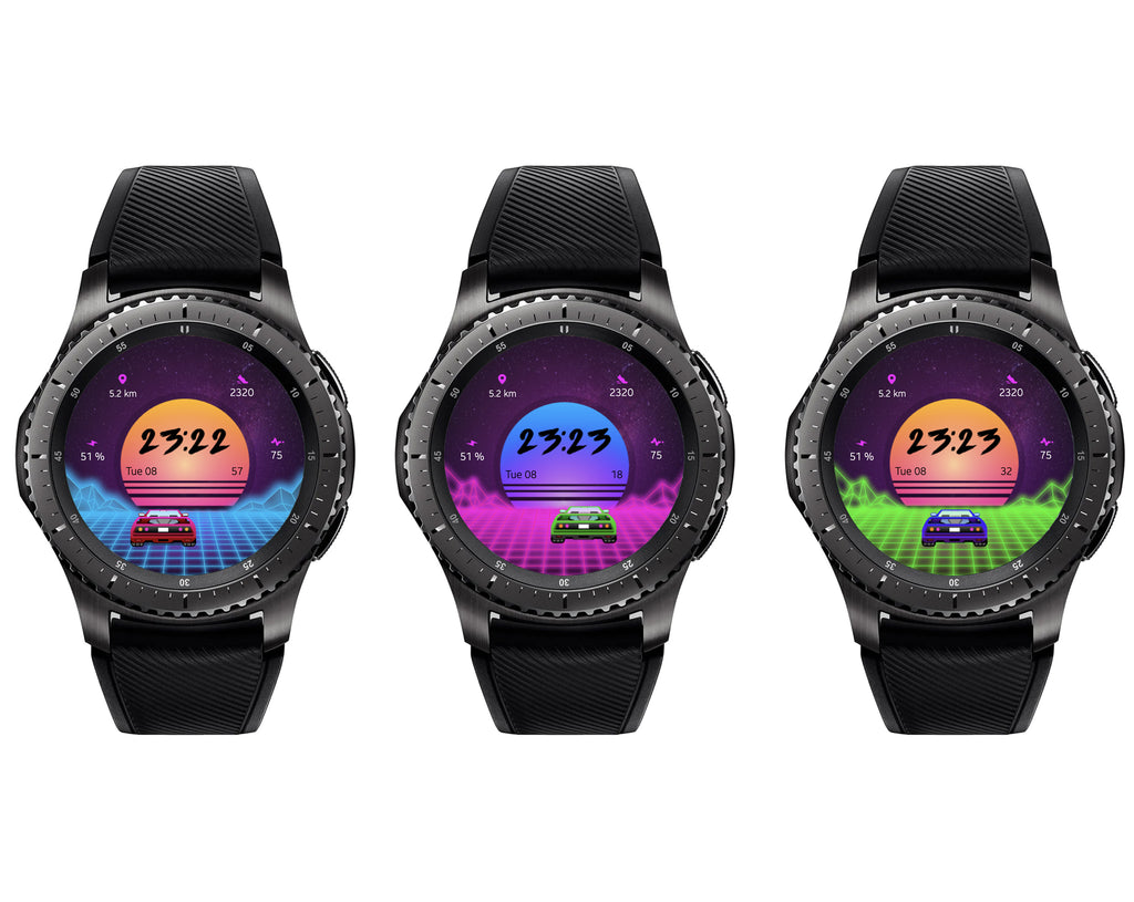 Three different designs by AGK Design for watches featuring a car and colorful dial. 