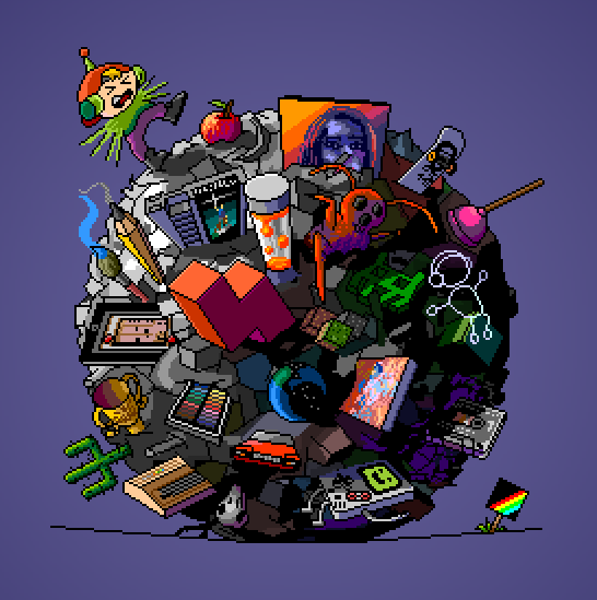 A design of a large circle stuffed with Gameboys, pencils, trophies, and more. 