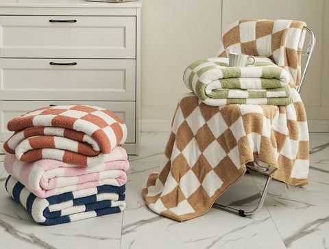 Our Retro Checkerboard Plus Blanket in various colours (Pale Green, Misty Rose, Steel Blue, Firebrick Red and Tan)