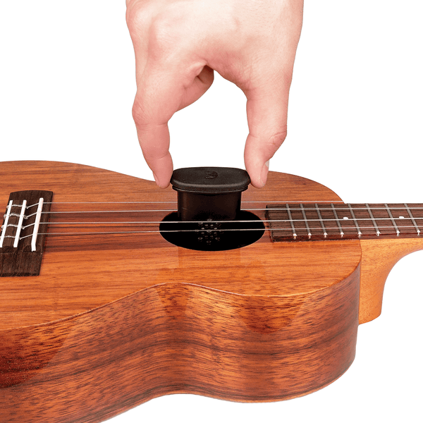 Hand hängt einen D'Addario Luftbefeuchter ins Schallloch einer Ukulele