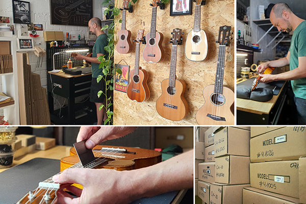 Collage mehrer Bilder von der Qualitätsprüfung einer Ukulele im Lager von Uke Supply