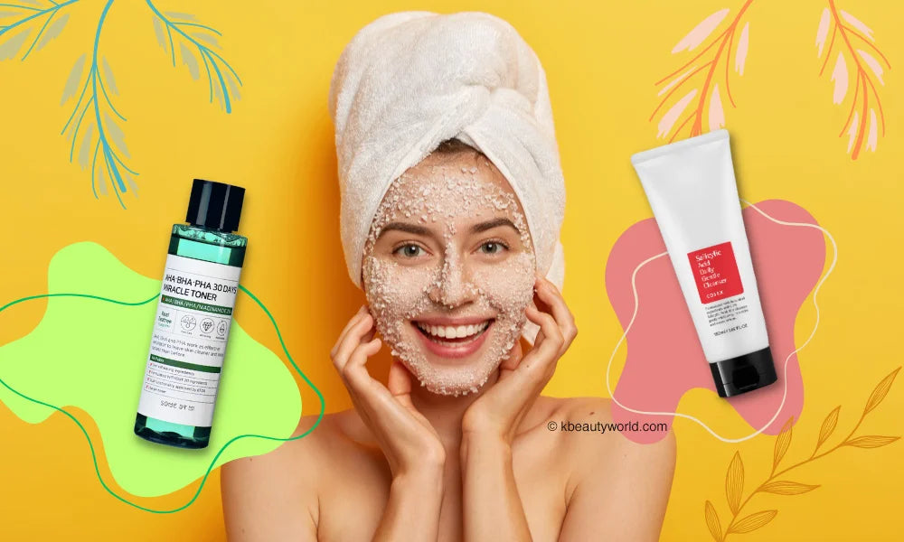 Diferencia entre AHA BHA y PHA beneficios exfoliantes para el cuidado de la piel antienvejecimiento acné espinillas hiperpigmentación piel apagada arrugas piel seca y grasa K Beauty World