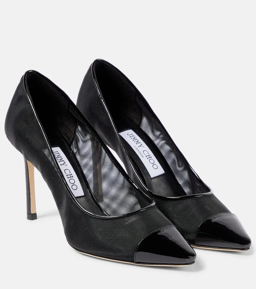 Jimmy Choo Romy 85 patent leather-trimmed pumps | LYBSTORE