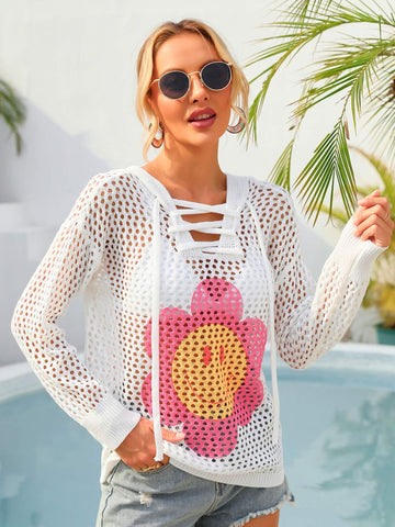 Flower Graphic Lace-Up Openwork Hooded Cover Up - MiamiTeenyWeenyBikni.Com