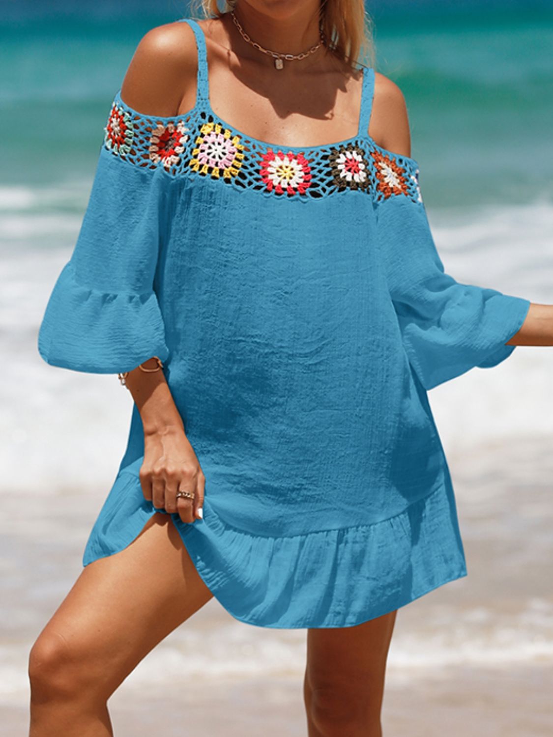 Crochet Cold Shoulder Three-Quarter Sleeve Cover Up - MiamiTeenyWeenyBikini.Com