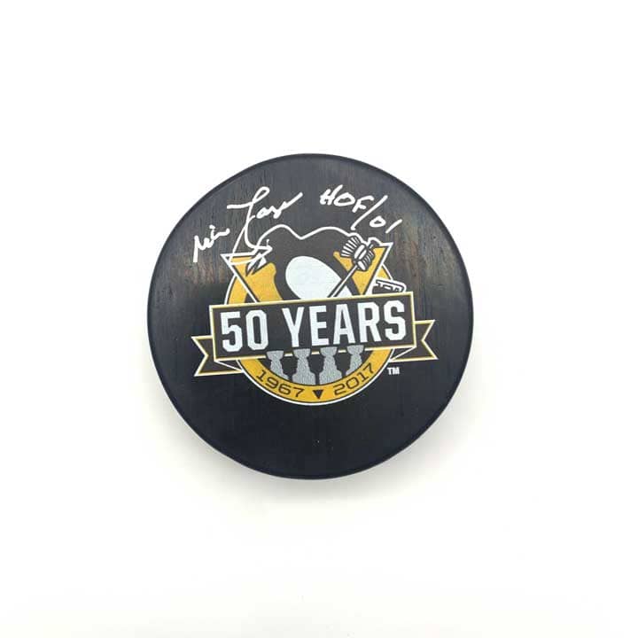 Mike Lange Signed Pittsburgh Penguins 50 Year Logo Puck with HOF 01