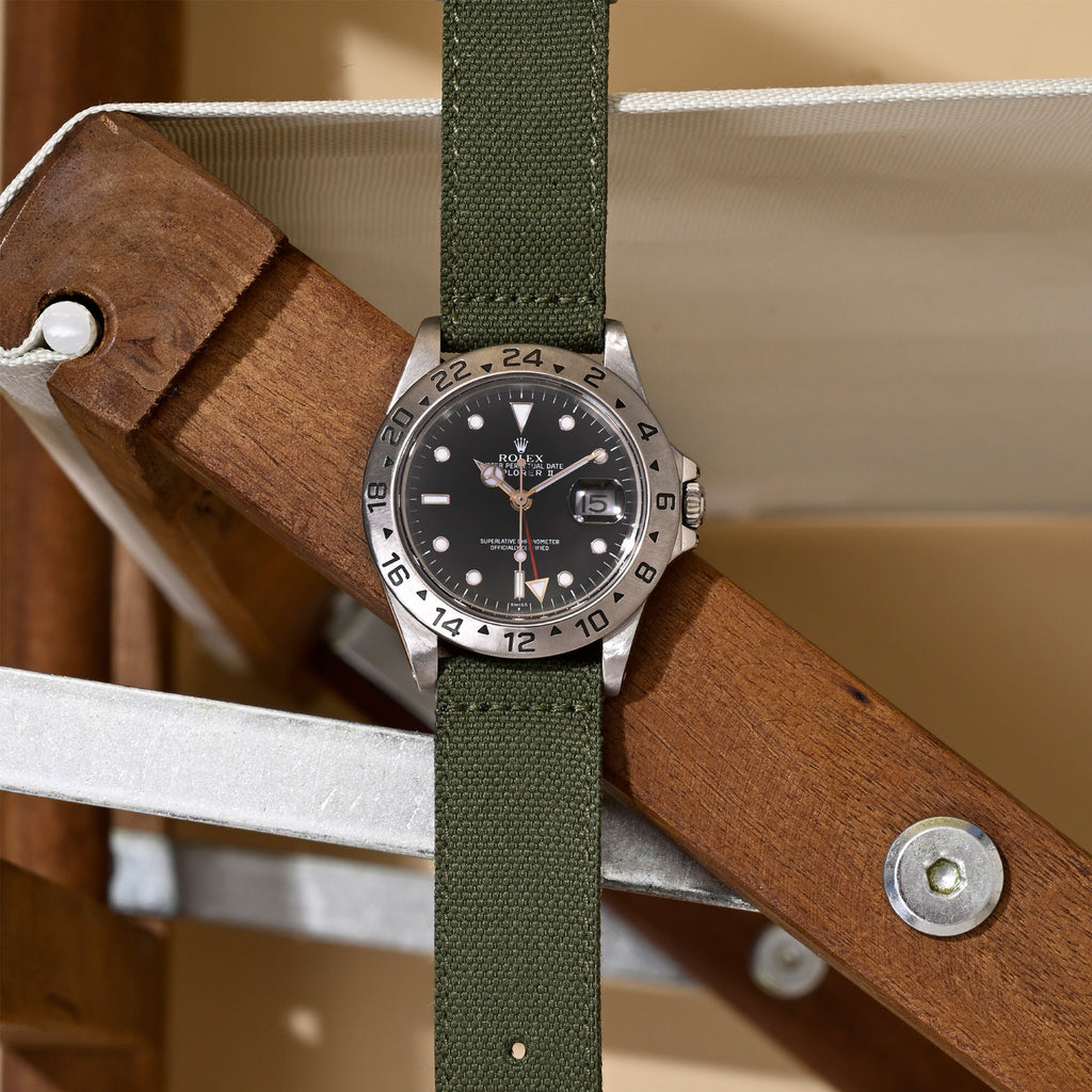 Black Dial Rolex Explorer 2 on Olive Canvas Watch Strap