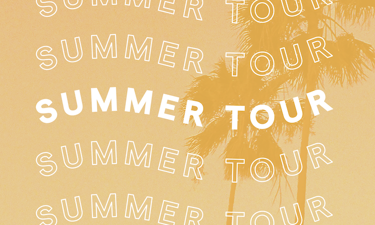 The words 'Summer Tour' repeating against a yellow + palm tree background.