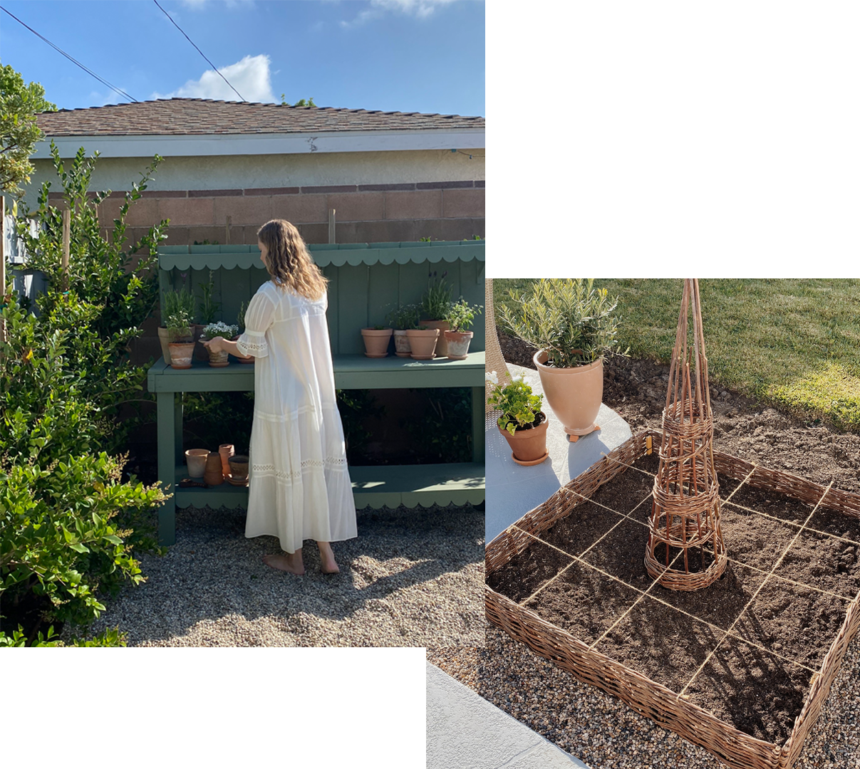 Two images; 1 of Alex Yeske in a white dress at her gardening bench on a sunny day. 2 an empty raised garden bed.