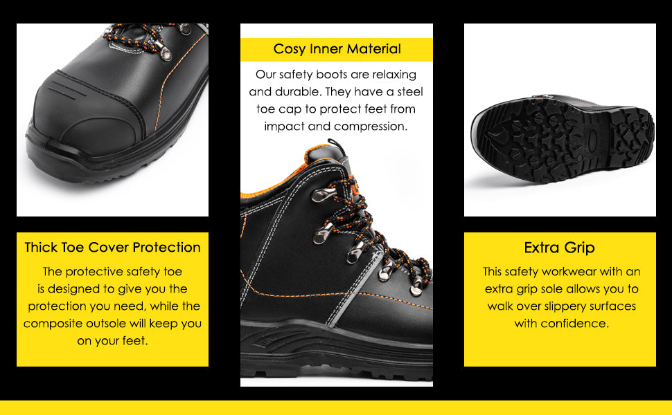 safety boots that has cosy inner material, thick toe cover protection and extra grip