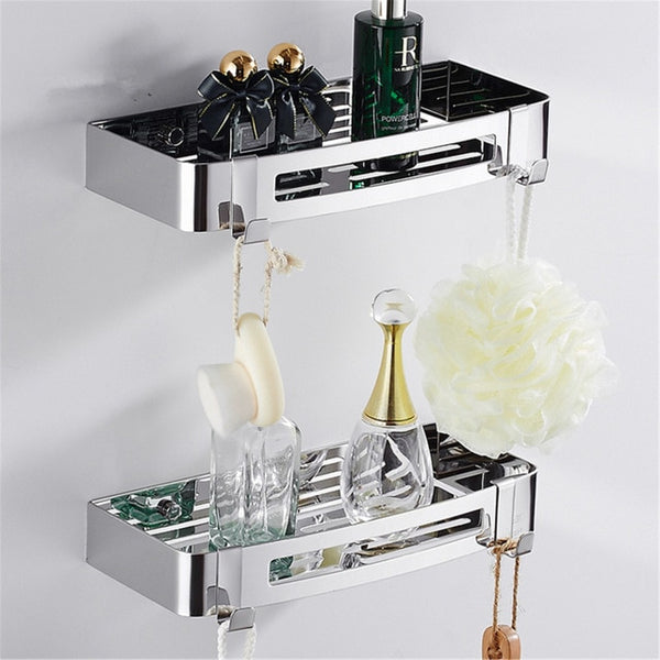 silver bathroom shelves