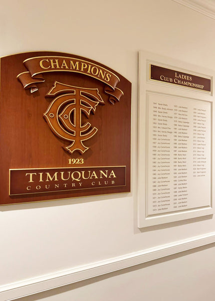 Large carved wooden plaque for the Timuquana club's ladies' golf championship.