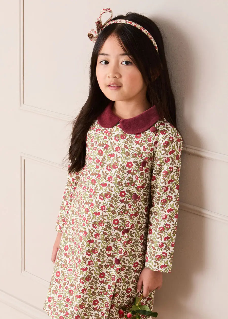 Daphne Floral Long Sleeve Velvet Collar Dress in Burgundy (18mths-10yrs) (Burgundy / 8Y)