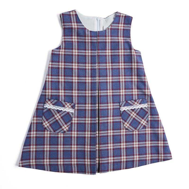 blue check pinafore dress