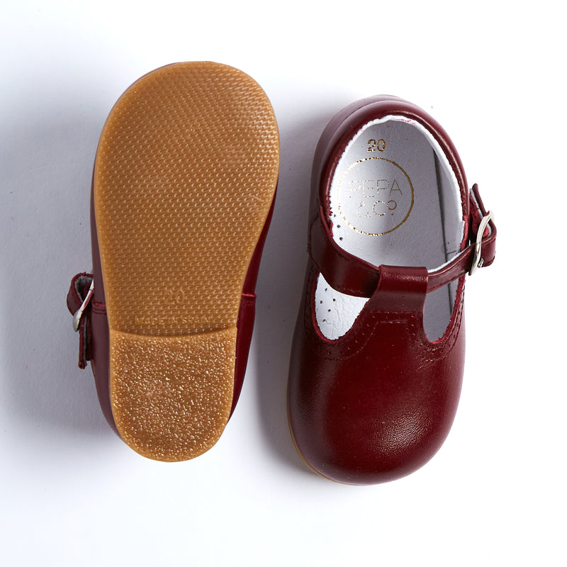 Leather Burgundy T-Bar Baby Shoes 