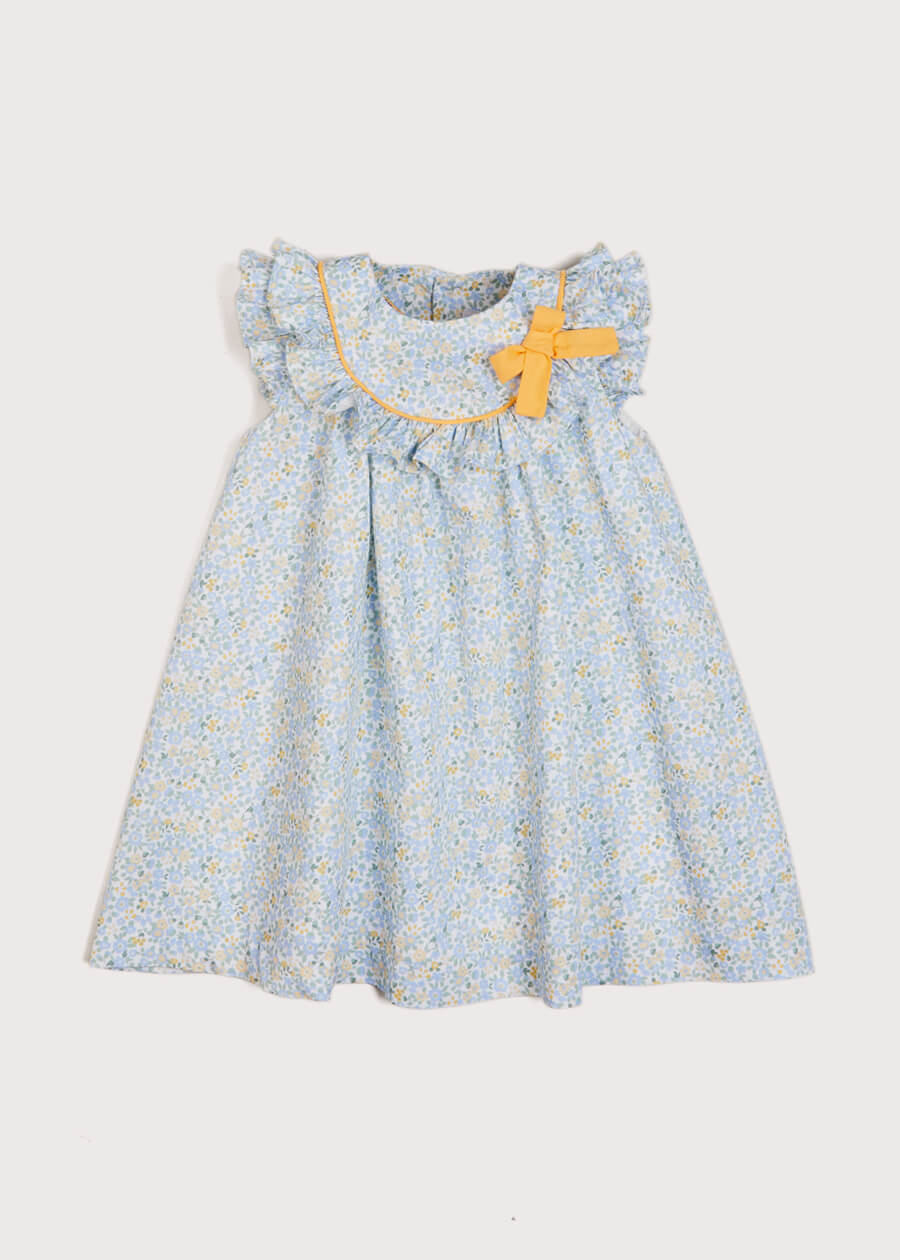 Pastel Floral Ruffle Front Bow Detail Dress in Blue | Pepa London
