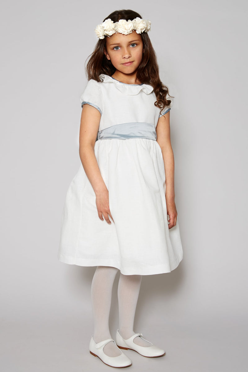 white flower girl dress with grey sash