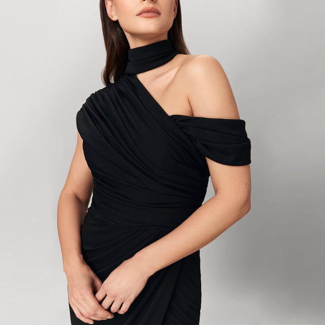 LBV.OFCL ASYMMETRICAL DRAPED GOWN IN BLACK