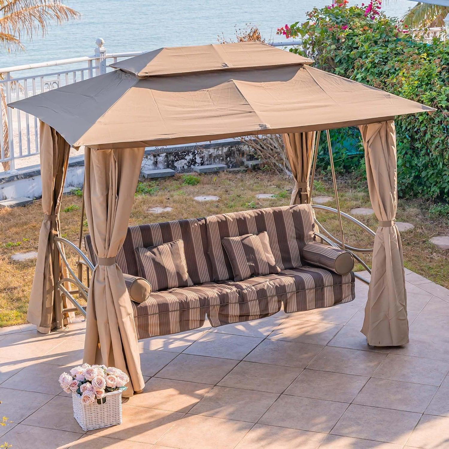 PURPLE LEAF 3 Person Outdoor Patio Porch Swing Gazebo with Netting & Gazebo Curtains with Canopy Swings for Adults