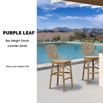 PURPLE LEAF counter stools set of 2, woven bar stools made of high quality PE rattan material, good waterproof performance, imitation bamboo double-tube aluminum alloy frame, sturdy and stable,  brown backrest.