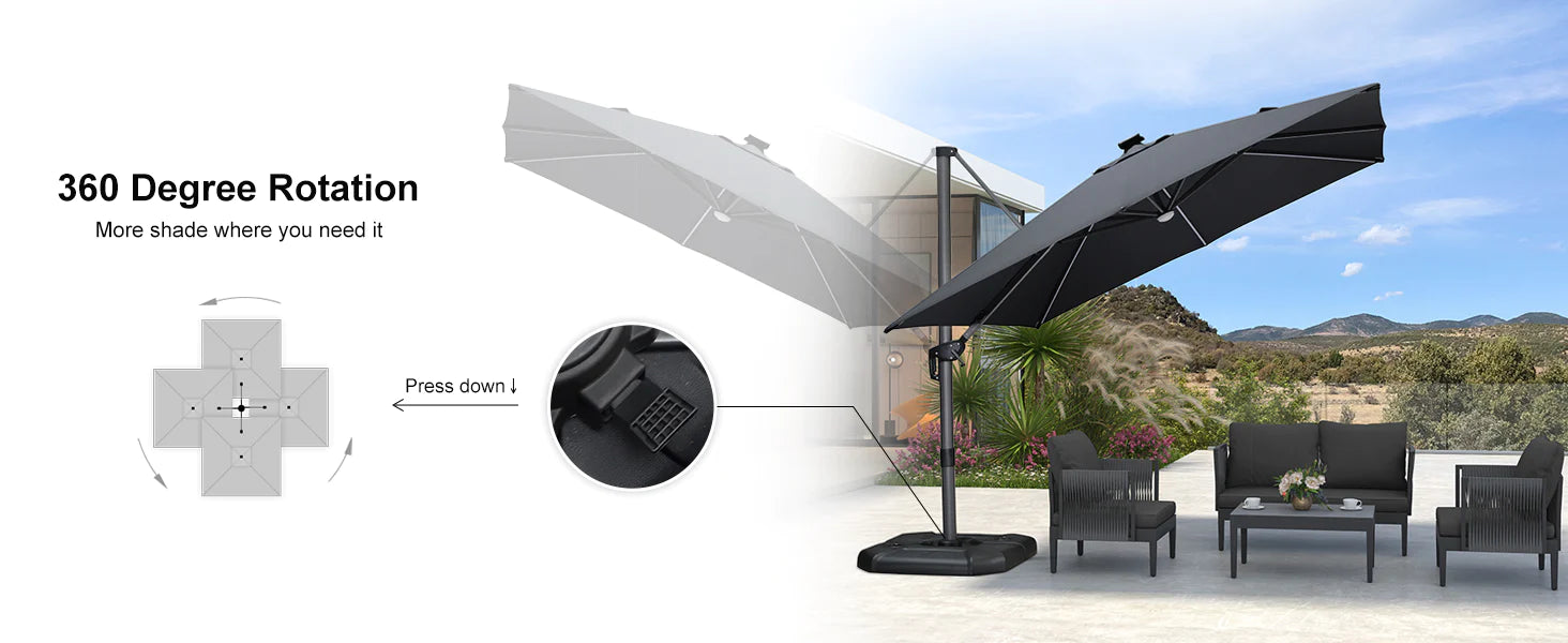 PURPLE-LEAF-Large-Patio-Umbrella-This LED bulb umbrella can easily rotate 360 degrees