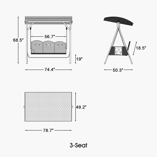 Dimensions of the Purple Leaf swing 3-seat.