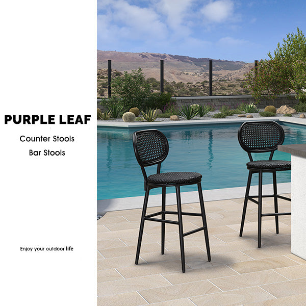 PURPLE LEAF bar stools set of 2,The unique black shell-shaped round seat combines traditional hand-woven craftsmanship with modern style design, adding elegance. Made of rust-resistant aluminum, it is stable, sturdy, and lightweight with a 440 lbs. capacity. High-quality PE rattan material is smooth, waterproof, UV-resistant, fade-resistant, and easy to clean, offering a pleasant sitting experience.