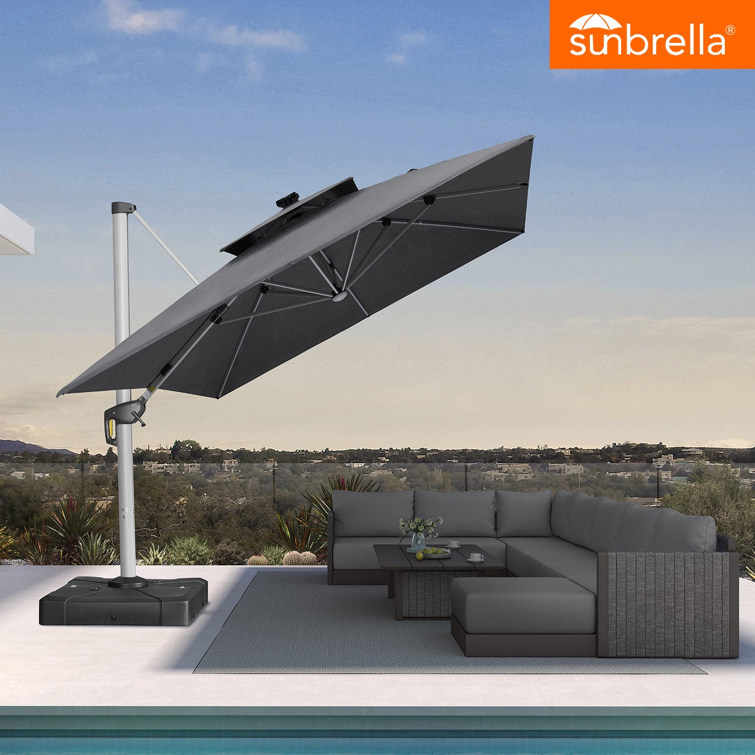ZYGLRSDT10-SGY, patio umbrella with lights, sunbrella, spectrum graphite, square