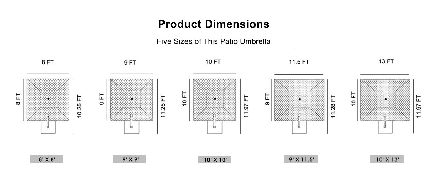 PURPLE LEAF Economical Square Outdoor Umbrella Olefin Rectangle Patio Umbrella dimension drawing.